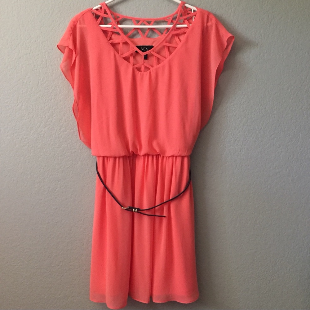Peach Flowy Dress with Belt at Waist